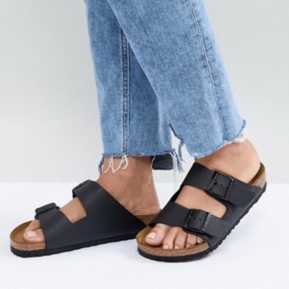 Birkenstock Arizona Black Leather Slides Sandals - Picture 2 of 7